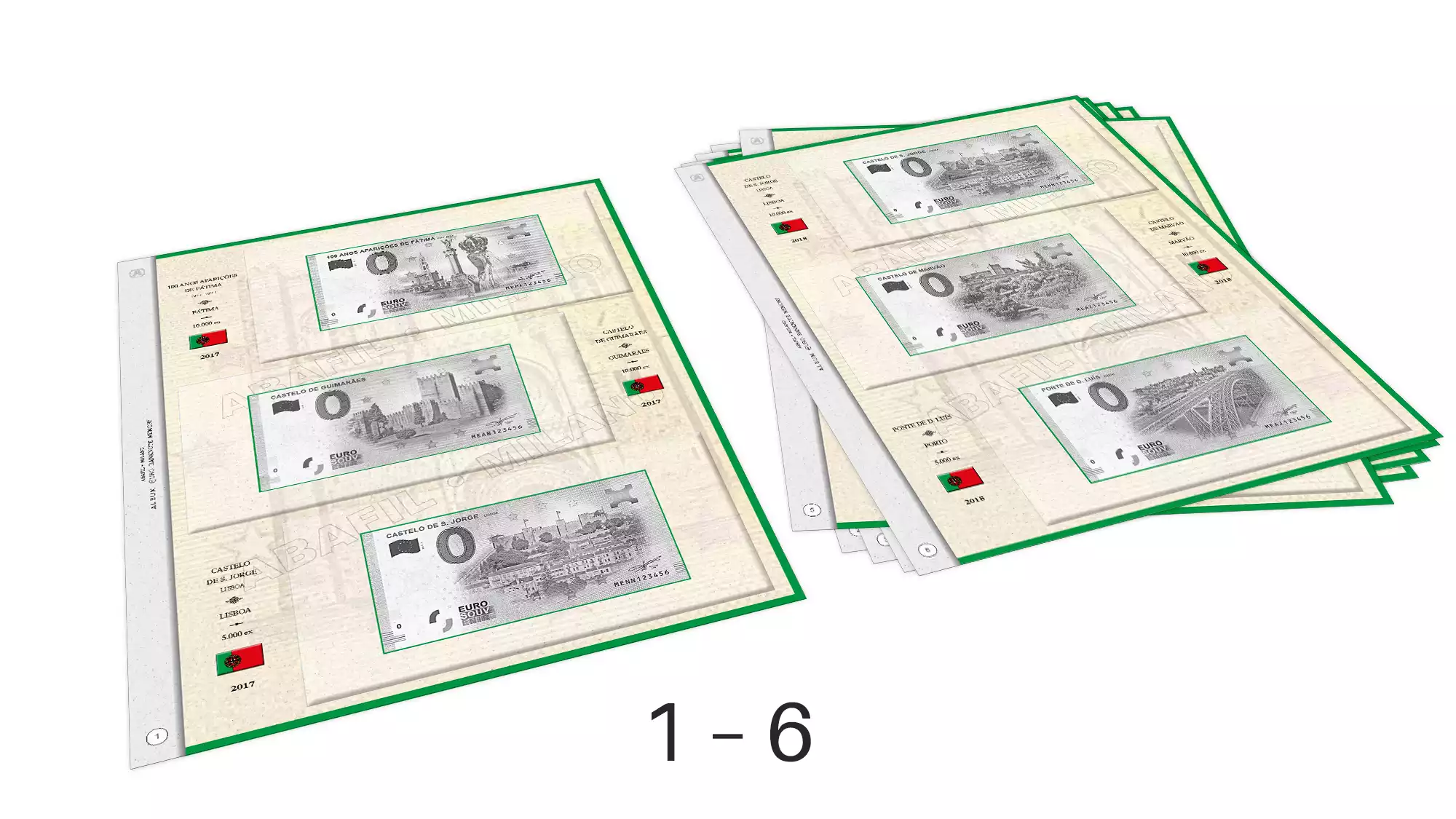 ABAFIL 6 feuilles (2017 + 1/2018) pour billets 0€ Souvenir Portugal